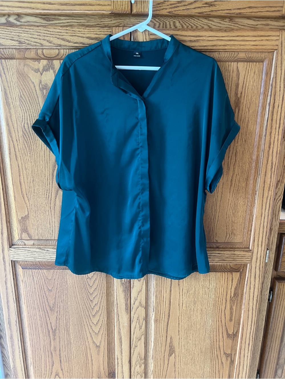 WOMEN TOPS Teal Satin Short Sleeve Blouse